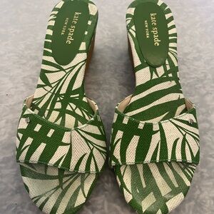 Kate Spade Green and White Leaf Print Mules